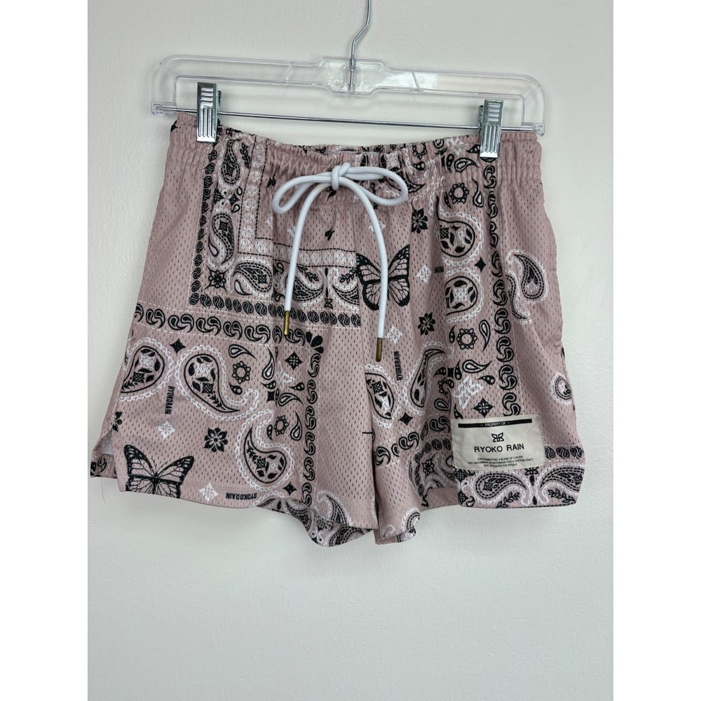 Unisex Adult Small Shorts Elastic Waist Pull On Dusty Pink Bandana Print Pockets